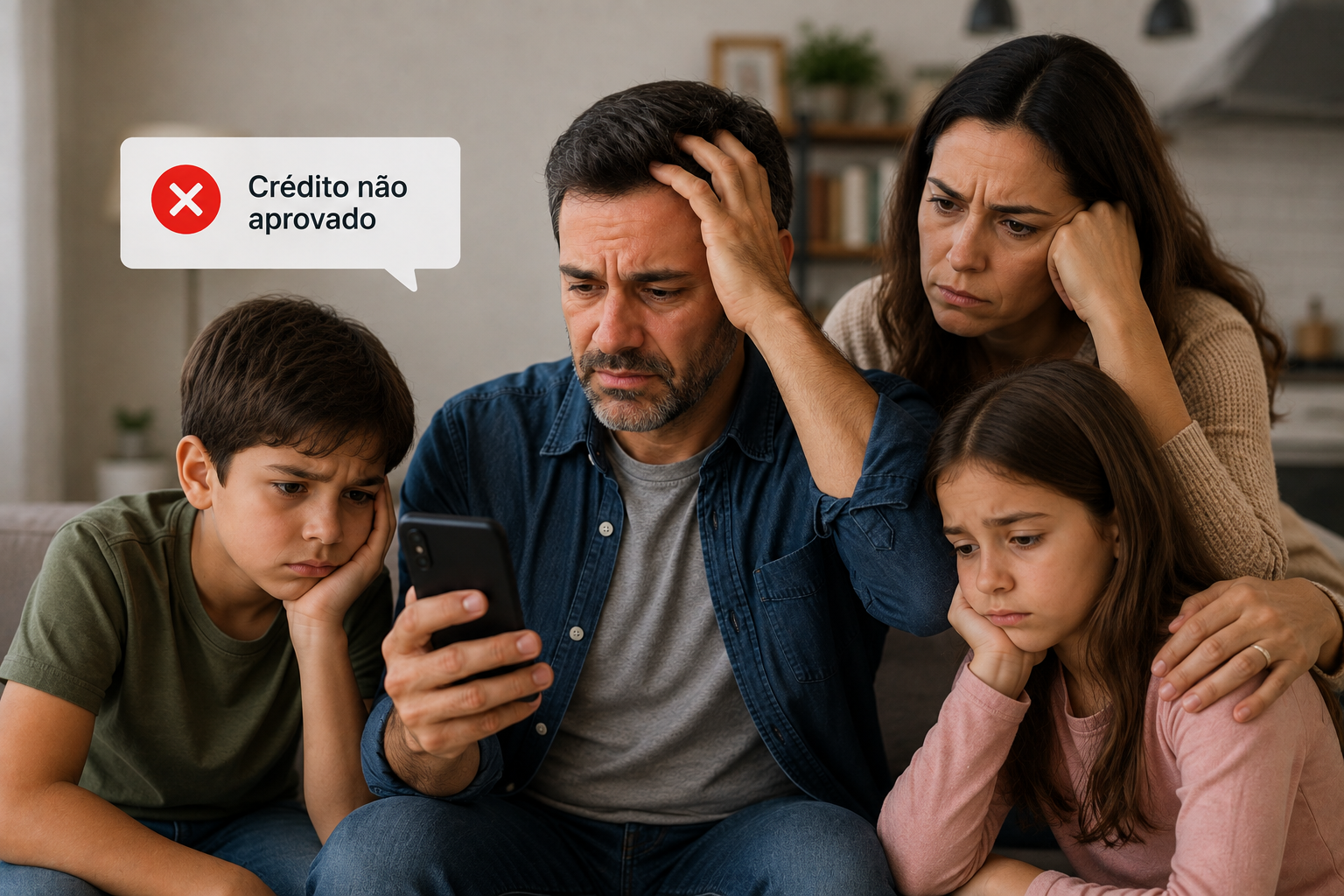Homem preocupado olhando o celular com a mensagem Crédito não aprovado